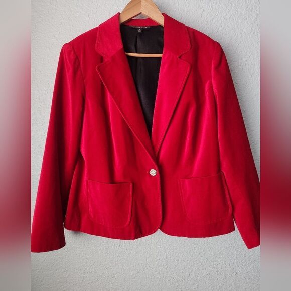 Briggs New York Red Blazer Velvet with Notched Lapel and Fitted Silhouette - Picture 1 of 9